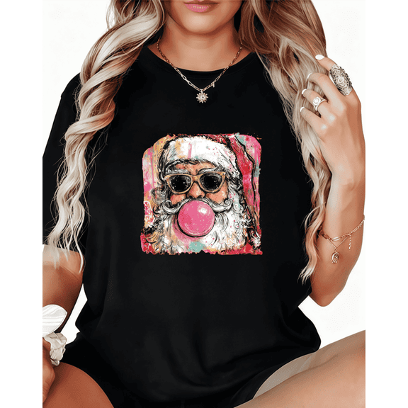 Merry Christmas Graphic Tee T-Shirt Top Cool Santa Bubble Gum Print Cotton Short Sleeve Round Neck Black S-5XL