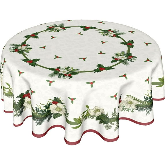 Merry Christmas Green Flower Wreath Tablecloth Round 60 Inch, Winter White Floral Polyester Circle Table Cloth Wrinkle Stain Resistant Washable Table Cover for Kitchen Room Party Picnic