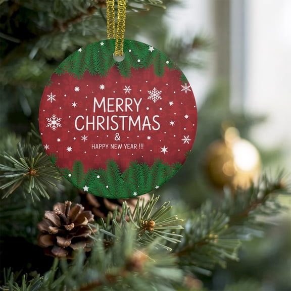 Merry Christmas Green Pine Needle Christmas Ceramic Ornament 2026,3" Round Xmas Tree Hanging Accessories with Gold Ribbon,Snowflake Red Pendant Ornaments for Holiday Gift Home Party Decor