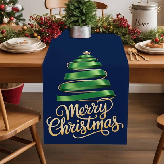 Merry Christmas Green Xmas Tree Stars Table Runner 13x36in Non-Slip Cotton Linen Table Runners, Ribbon Christmas Tree Dark Blue Dresser Scarves TableRunner for Dinner Kitchen Dining Wedding Party