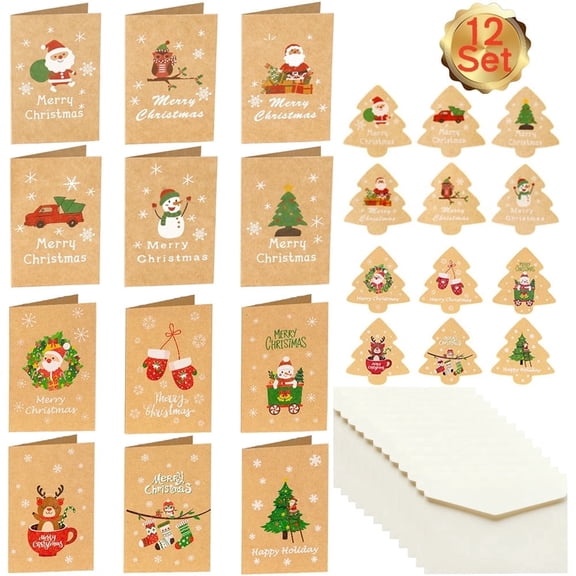 Youersen Merry Christmas Greeting Cards & Envelopes, 2.75" x 4.13" Brown Holiday Style, Small Card Set, 12 Pcs