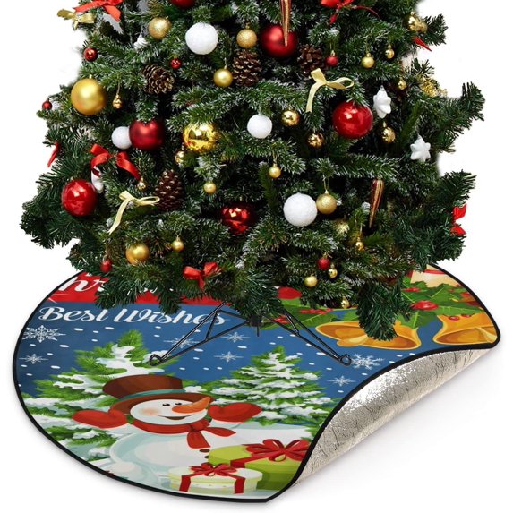 Merry Christmas Greeting Christmas Tree Mats Waterproof Tree Skirt, Snowman Winter Holidays Xmas Tree Stand Tray Mat Floor Protector Pad for Holiday Party Decoration, 28.3"