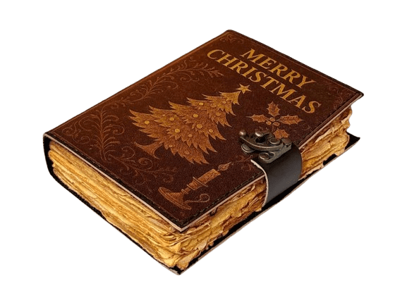 Merry Christmas Handmade Leather Journal – 5x7 Inch | 200 Handmade Paper Pages | Vintage Christmas Gift