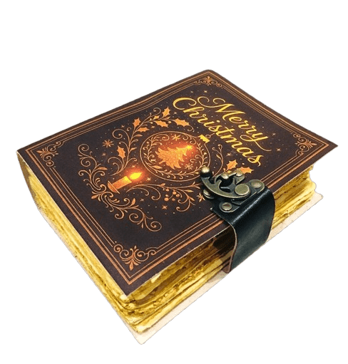 Merry Christmas Handmade Leather Journal – 5x7 inch – 200 Deckle Pages – Vintage Holiday Gift