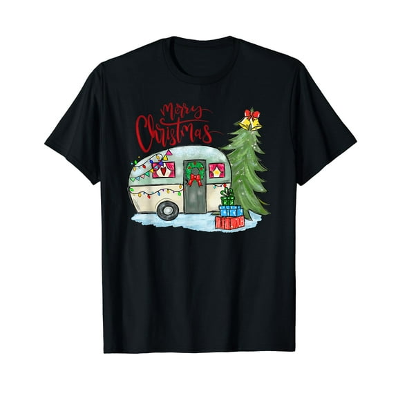 Merry Christmas Happy Camper Funny Camping Life Family Xmas T-Shirt Black Tee