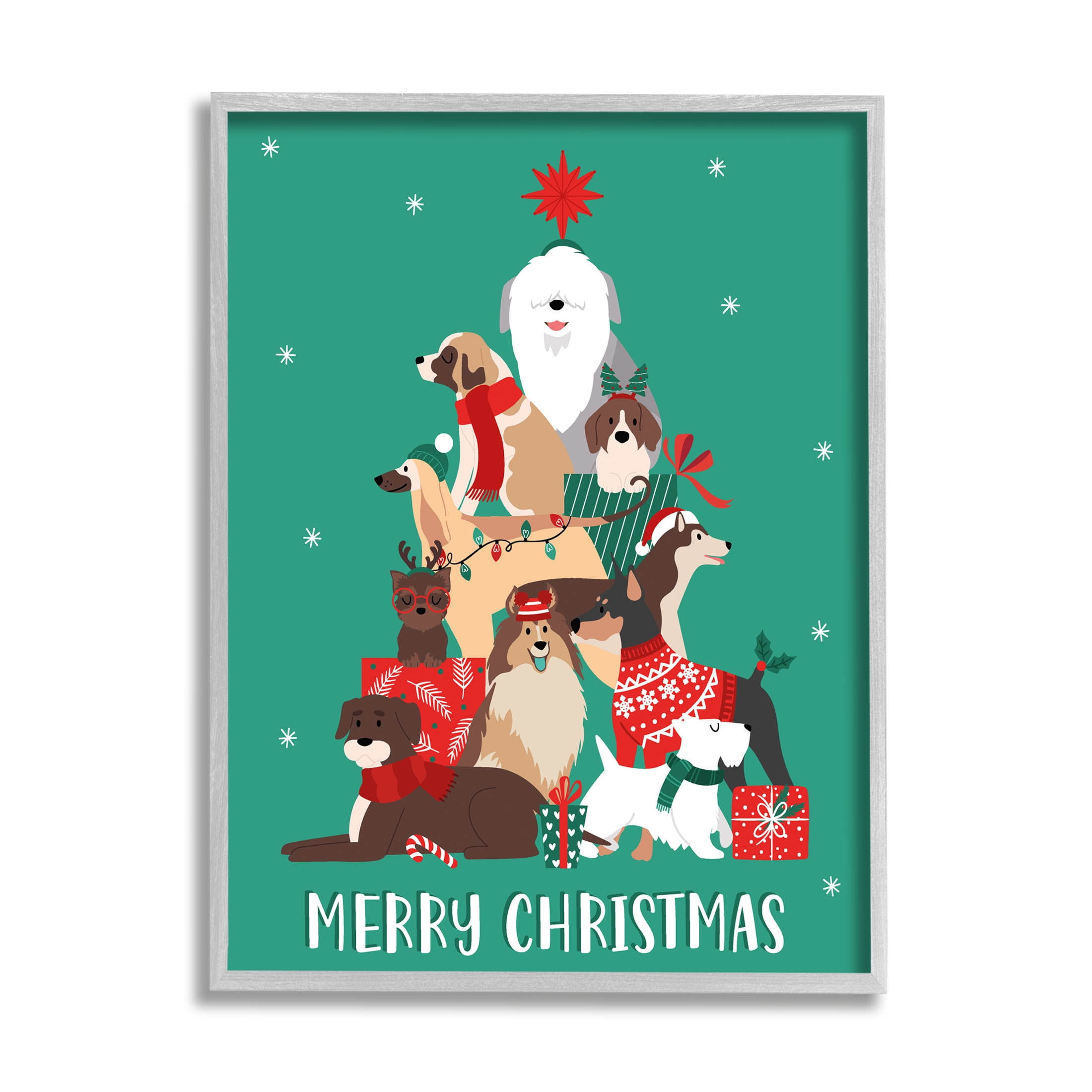 Merry Christmas Happy Dog Gifts Holiday Graphic Art Gray Framed Art Print Wall Art