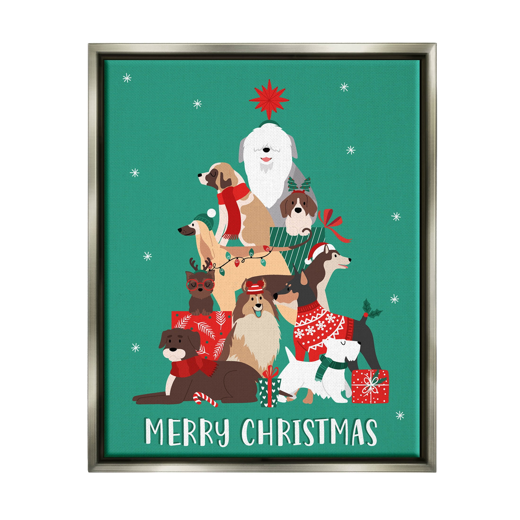 Merry Christmas Happy Dog Gifts Holiday Graphic Art Luster Gray Framed Art Print Wall Art