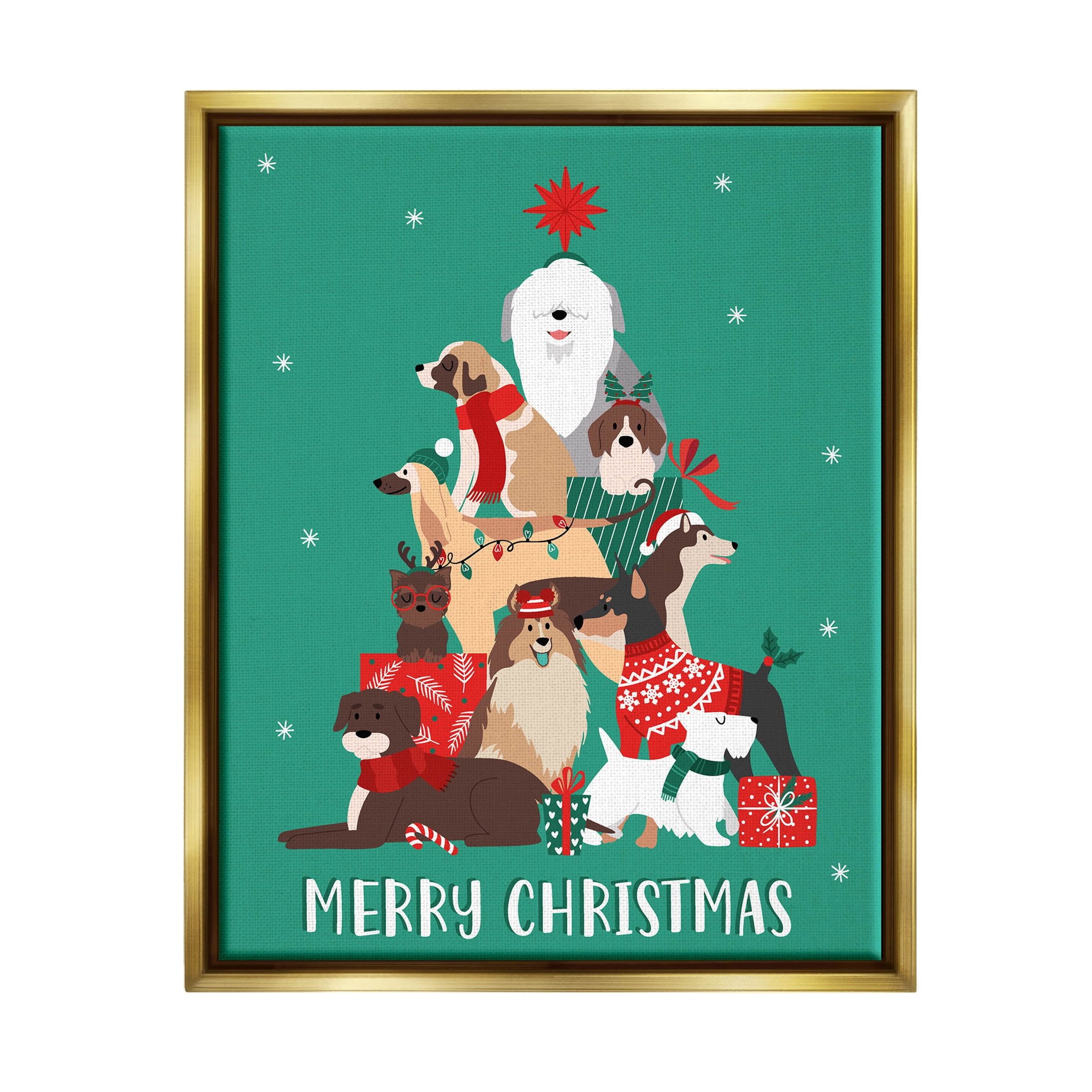 Merry Christmas Happy Dog Gifts Holiday Graphic Art Metallic Gold Framed Art Print Wall Art
