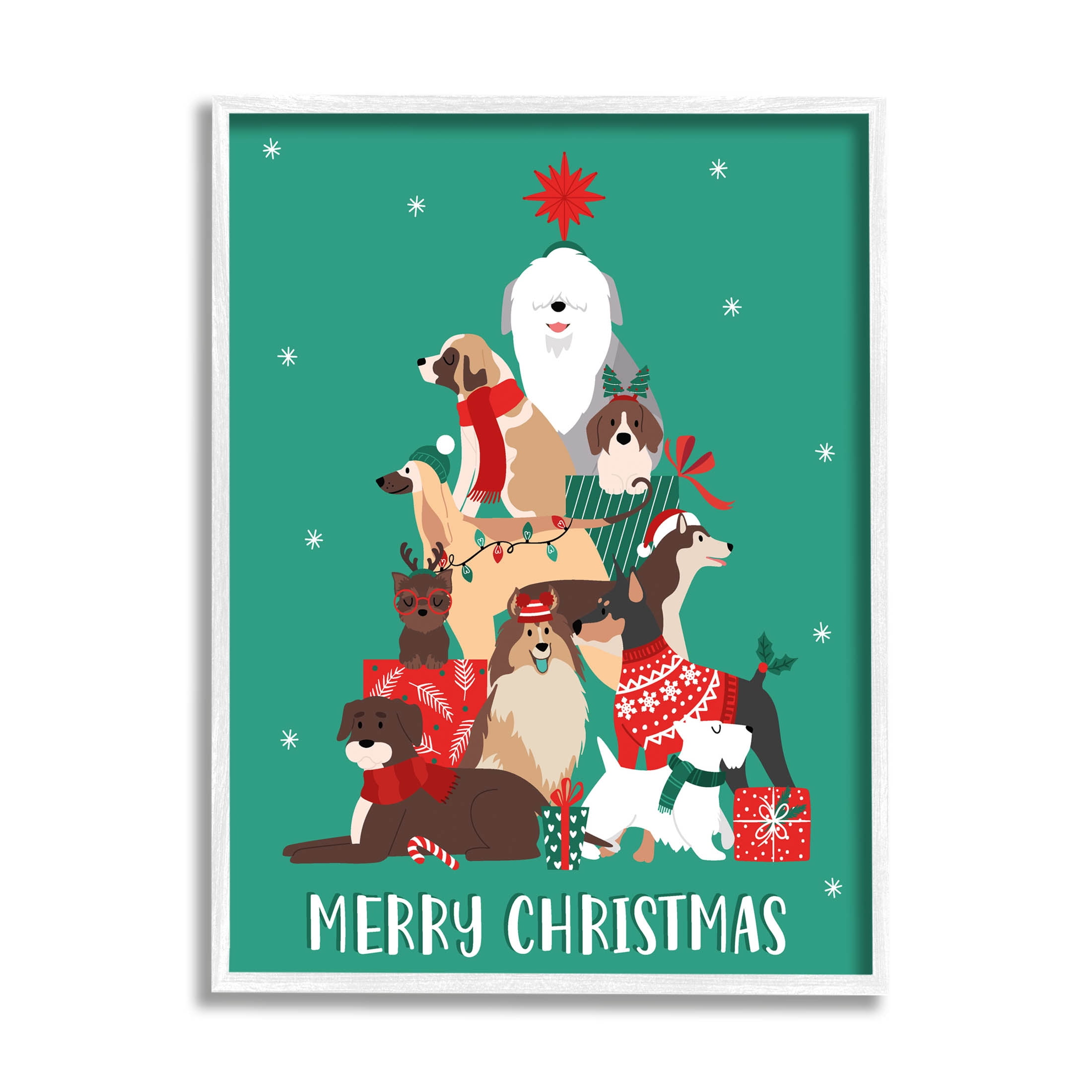 Merry Christmas Happy Dog Gifts Holiday Graphic Art White Framed Art Print Wall Art