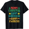 thumbnail image 1 of Merry Christmas Happy Hanukkah Happy Kwanzaa T-ShirtMen and women, Black T-shirt, size: Extra large S-4XL, 1 of 4
