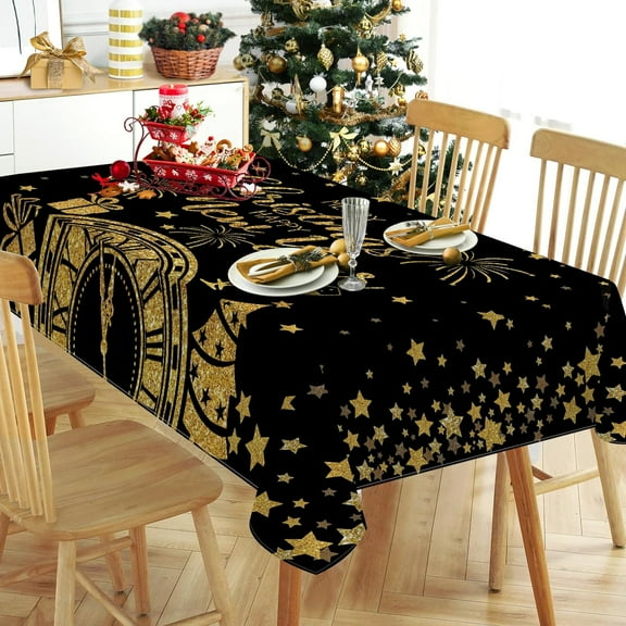 Merry Christmas Happy New Year 2024 Rectangle Tablecloth 60x84 Inch, Black Gold Clock Star Decorative Table Cloth Dining Table Cover, Firework Celebration Holiday Dinner Party Picnic Decoration