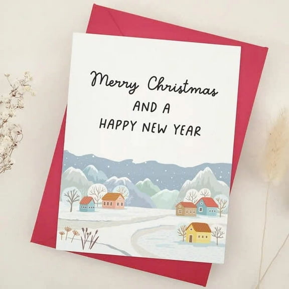 Merry Christmas and Happy New Year Card Festive Holiday Greeting with Scenic Winter Landscape Blank Inside, Envelope Included Perfect for Holiday Wishes