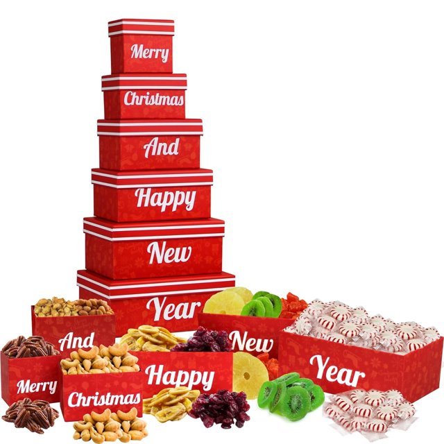 Merry Christmas and Happy New Year Gift Basket Tower, with Dried Fruits