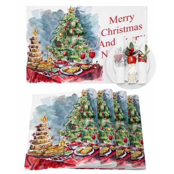 Merry Christmas Happy New Year Placemats Set of 12 Xmas Tree Cake Dessert Food Heat Insulation Washable Place Mats, Rustic Non-Slip Table Mats for Dining Table Party Kitchen Decor,13x19 Inch