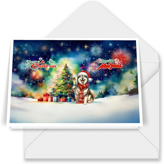 Merry Christmas and Happy New Year Santa Alaskan Malamute Holiday Xmas Winter 2025 7x5in Folded Greeting Card Alaska Mal Dog Lovers Gifts Single Note Card with Envelope - 00024