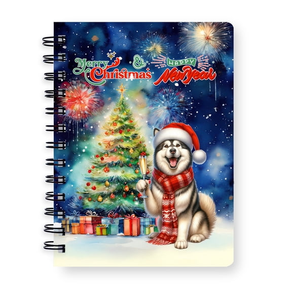 Merry Christmas and Happy New Year Santa Alaskan Malamute Holiday Xmas Winter 2025 Spiral Bound Journal Alaska Mal Dog Lovers Gifts 5x7in Spiral Notebook - 00024