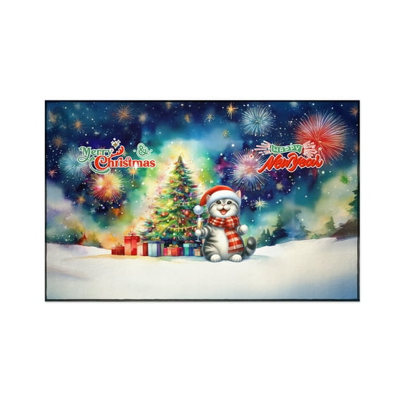 Merry Christmas and Happy New Year Santa American Shorthair Holiday Xmas Winter 2025 Indoor Rug Cat Lover Kitten Owner Gifts Carpet Living Bed Room Sofa Home Decor - 00024
