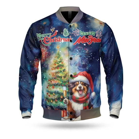 Merry Christmas and Happy New Year Santa Australian Shepherd Holiday Xmas Winter All Over Print 3D Baseball Jacket Aussie Dog Lover Gifts Bomber Jacket Softball - 00024