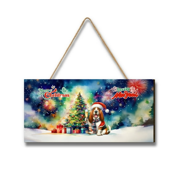 Merry Christmas and Happy New Year Santa Basset Hound Holiday Xmas Winter Landscape Wood Sign Bassets Dog Breed Lovers Gifts Idea Hanging Wall Home Decor - 00024