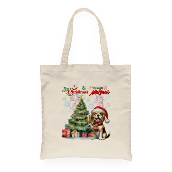 Merry Christmas and Happy New Year Santa Beagle Holiday Xmas Winter 2025 Canvas Tote Bag Beagles Dog Lover Gifts Idea Reusable Shopping Grocery Bag - 00024
