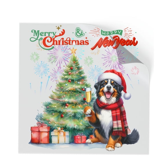 Merry Christmas and Happy New Year Santa Bernese Mountain Dog Holiday Xmas Winter 2025 Cutout Transfer Sticker Berner Lover Gifts Transparent Decal Art Decor - 00024