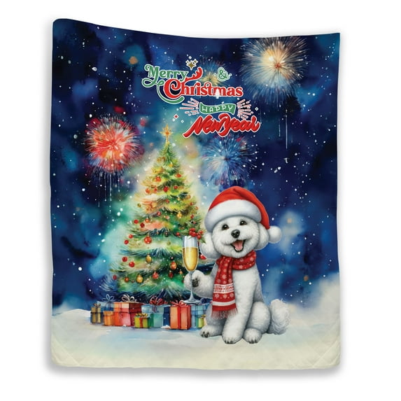 Merry Christmas and Happy New Year Santa Bichon Frise Holiday Xmas Winter 2025 Quilt Blanket Bichons Dog Lovers Gifts Idea Cozy Comforter Throw Blanket - 00024