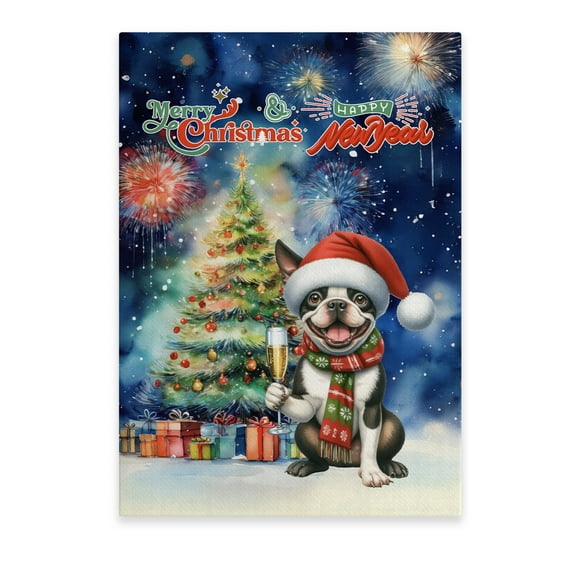 Merry Christmas and Happy New Year Santa Boston Terrier Holiday Xmas Winter 2025 Vertical Matte Canvas Poster Gentleman Dog Lover Gifts Wall Art Home Decor - 00024