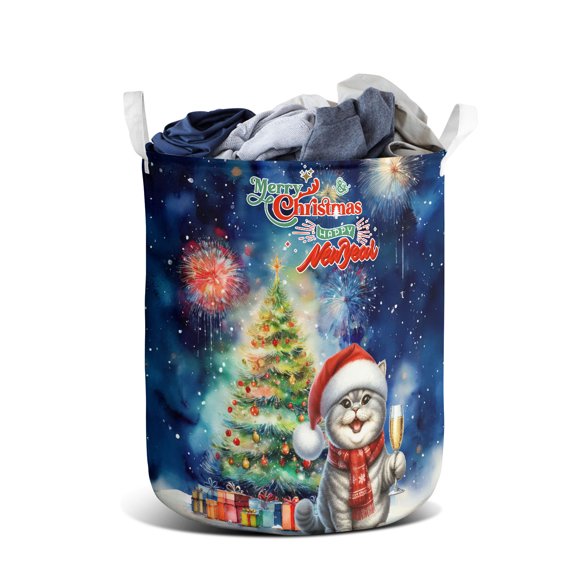 Merry Christmas and Happy New Year Santa British Shorthair Holiday Xmas Winter Foldable Laundry Basket Cat Lover Kitten Owner Gifts Organizer Storage with Handles - 00024
