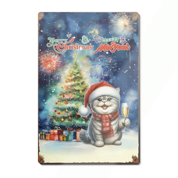 Merry Christmas and Happy New Year Santa British Shorthair Holiday Xmas Winter 2025 Vertical Metal Aluminum Sign Cat Lover Kitten Owner Gifts Wall Art Home Decor - 00024