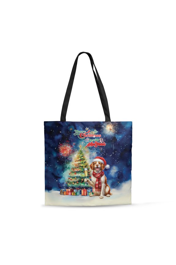 Merry Christmas and Happy New Year Santa Brittany Spaniel Holiday Xmas Winter 2025 All Over Print 3D Canvas Tote Bag Brittany Dog Lover Gifts Idea Reusable Handbag - 00024