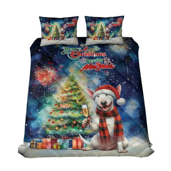Merry Christmas and Happy New Year Santa Bull Terrier Holiday Xmas Winter 2025 Quilt Bedding Set Bully Dog Lovers Gifts Idea 1 Blanket Bed Cover 2 Pillowcases - 00024