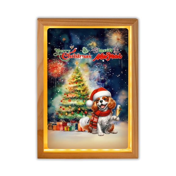 Merry Christmas and Happy New Year Santa Cavalier King Charles Spaniel Holiday Xmas Winter 2025 Acrylic Plaque with Wood Photo Frame Box Dog Lover Gifts Light Box - 00024