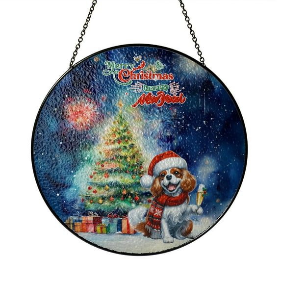 Merry Christmas and Happy New Year Santa Cavalier King Charles Spaniel Holiday Xmas Winter 2025 Stained Glass Suncatcher Dog Lover Gifts Window Hanging Sign Decor - 00024