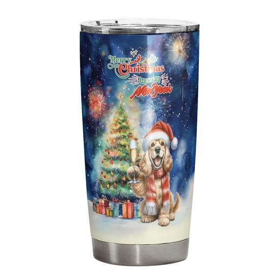 Merry Christmas and Happy New Year Santa Cocker Spaniel Holiday Xmas Winter 20oz Stainless Steel Tumbler Insulated Cup with Lid Cockers Dog Lover Gifts - 00024