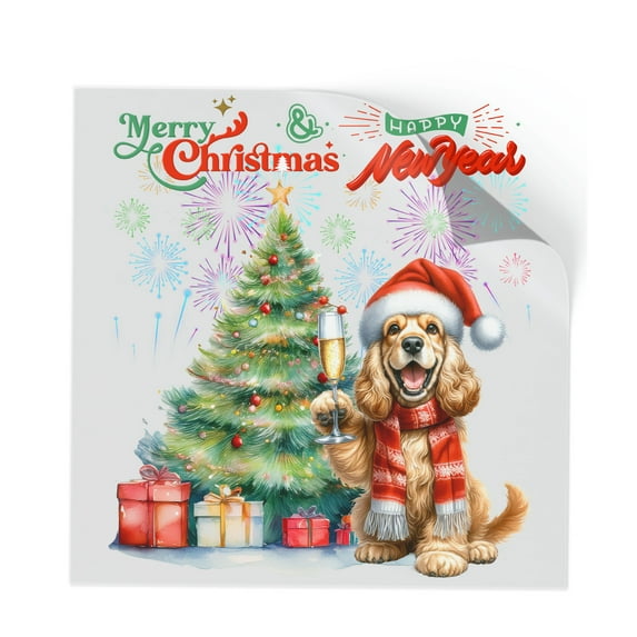 Merry Christmas and Happy New Year Santa Cocker Spaniel Holiday Xmas Winter 2025 Cutout Transfer Sticker Cockers Dog Lover Gifts Transparent Decal Art Decor - 00024