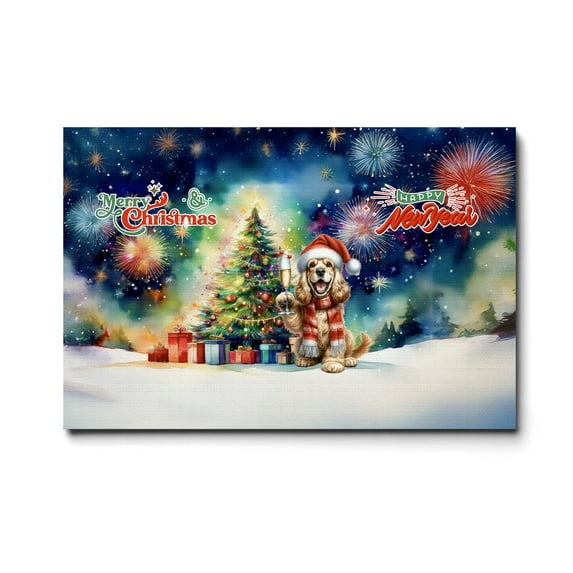 Merry Christmas and Happy New Year Santa Cocker Spaniel Holiday Xmas Winter 2025 Horizontal Matte Canvas Poster Cockers Dog Lover Gifts Wall Art Home Decor - 00024