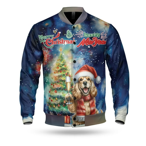 Merry Christmas and Happy New Year Santa Cocker Spaniel Holiday Xmas Winter 2025 All Over Print 3D Baseball Jacket Cockers Dog Lover Gifts Bomber Jacket Softball - 00024