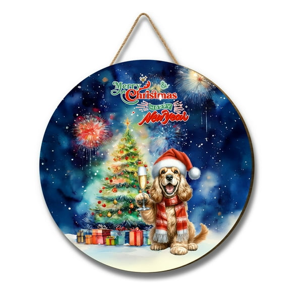 Merry Christmas and Happy New Year Santa Cocker Spaniel Holiday Xmas Winter Round Wood Sign Cockers Dog Lover Gifts Hanging Wall Home Decor - 00024