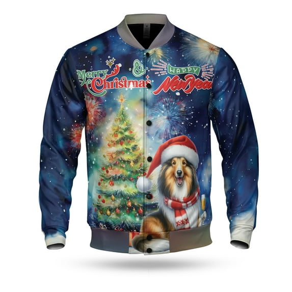 Merry Christmas and Happy New Year Santa Collie Holiday Xmas Winter 2025 All Over Print 3D Baseball Jacket Collie Dog Lover Gifts Idea Bomber Jacket Softball - 00024