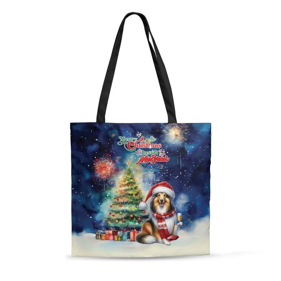 Merry Christmas and Happy New Year Santa Collie Holiday Xmas Winter 2025 All Over Print 3D Canvas Tote Bag Collie Dog Lover Gifts Idea Reusable Handbag - 00024