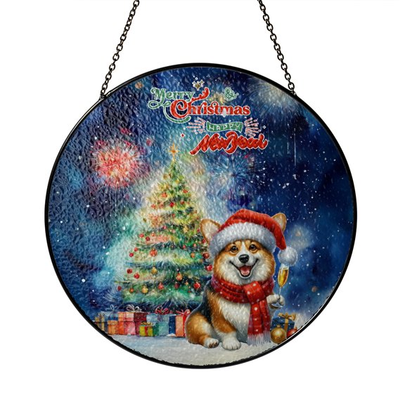 Merry Christmas and Happy New Year Santa Corgi Holiday Xmas Winter 2025 Stained Glass Suncatcher Welsh Corgi Dog Lover Gifts Idea Window Hanging Sign Decor - 00024