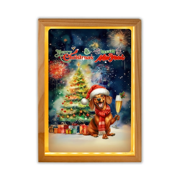 Merry Christmas and Happy New Year Santa Dachshund Holiday Xmas Winter 2025 Acrylic Plaque with Wood Photo Frame Box Wiener Dog Lover Gifts Idea Light Box - 00024