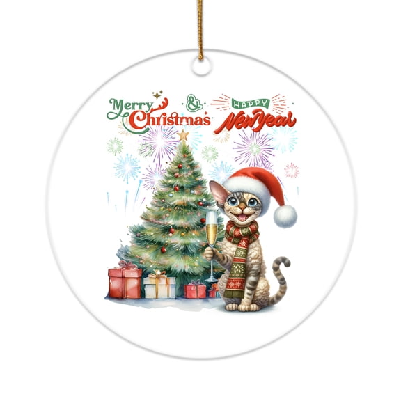 Merry Christmas and Happy New Year Santa Devon Rex Holiday Xmas Winter 2025 Acrylic Round Ornament Cat Lover Kitten Owner Gifts Home Tree Decor - 00024