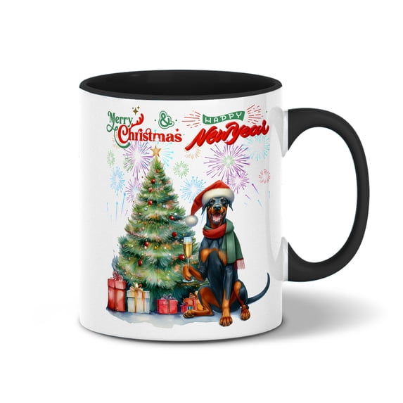 Merry Christmas and Happy New Year Santa Doberman Pinscher Holiday Xmas Winter 11oz Accent Two-tone Mug Doberman Dog Lover Gifts Coffee Tea Cup - 00024