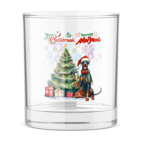 Merry Christmas and Happy New Year Santa Doberman Pinscher Holiday Xmas Winter 2025 11oz Whiskey Glass Mug Doberman Dog Lover Gifts Whiskey Cocktail Glasses Cup - 00024