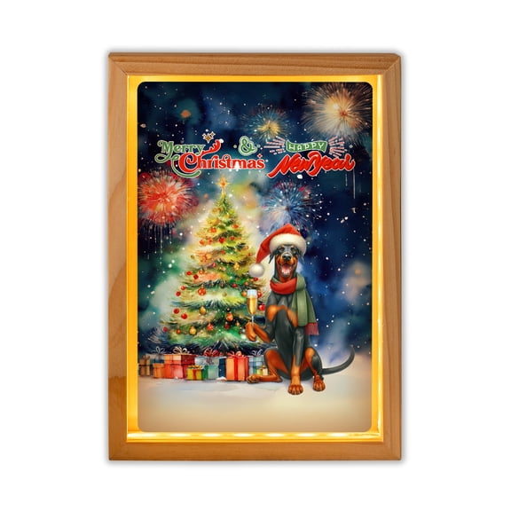 Merry Christmas and Happy New Year Santa Doberman Pinscher Holiday Xmas Winter 2025 Acrylic Plaque with Wood Photo Frame Box Doberman Dog Lover Gifts Light Box - 00024