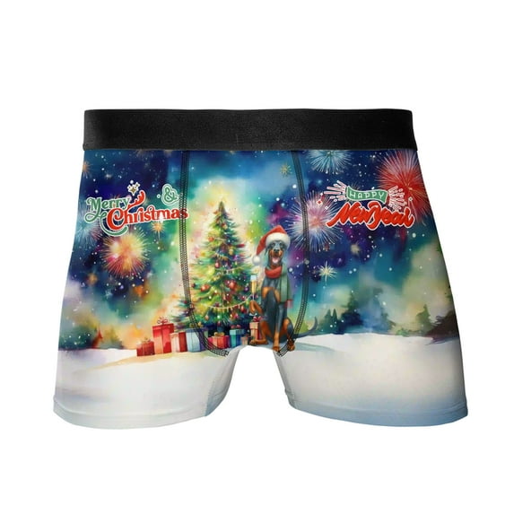Merry Christmas and Happy New Year Santa Doberman Pinscher Holiday Xmas Winter 2025 All Over Print Boxer Briefs Underwear for Men Dad Doberman Dog Lover Gifts - 00024