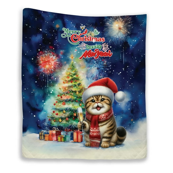 Merry Christmas and Happy New Year Santa Exotic Shorthair Holiday Xmas Winter 2025 Quilt Blanket Cat Lover Kitten Owner Gifts Cozy Comforter Throw Blanket - 00024