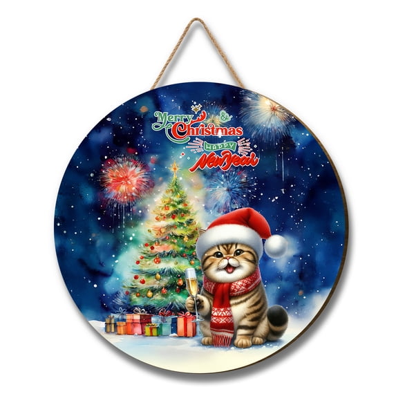 Merry Christmas and Happy New Year Santa Exotic Shorthair Holiday Xmas Winter 2025 Round Wood Sign Cat Lover Kitten Owner Gifts Hanging Wall Home Decor - 00024