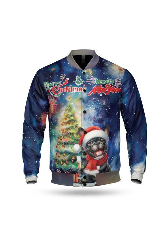 Merry Christmas and Happy New Year Santa French Bulldog Holiday Xmas Winter 2025 All Over Print 3D Baseball Jacket Dog Lover Gifts Bomber Jacket Softball - 00024